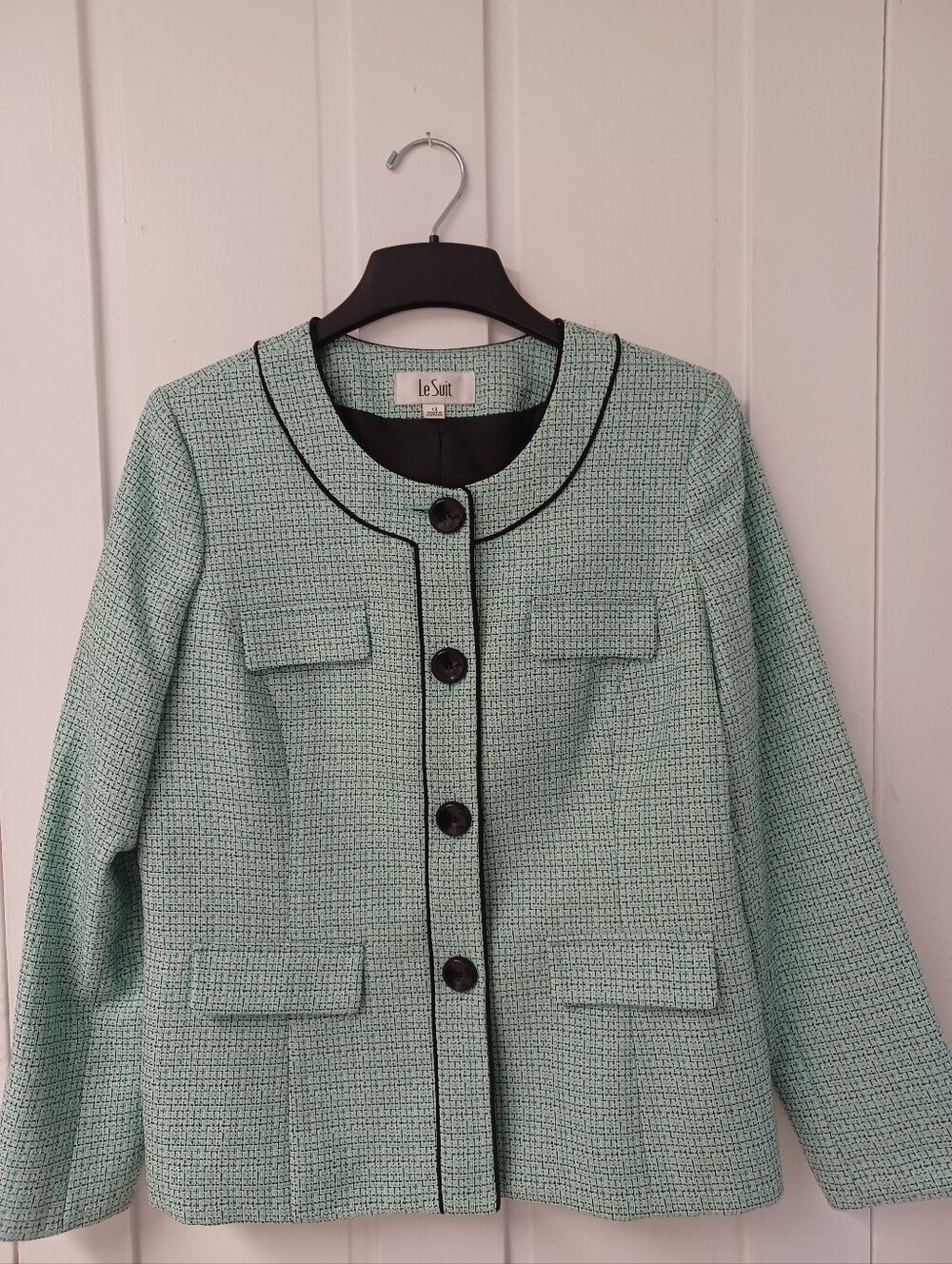 Le Suit Size 12 Mint Green Tweed Blazer with Black Piping